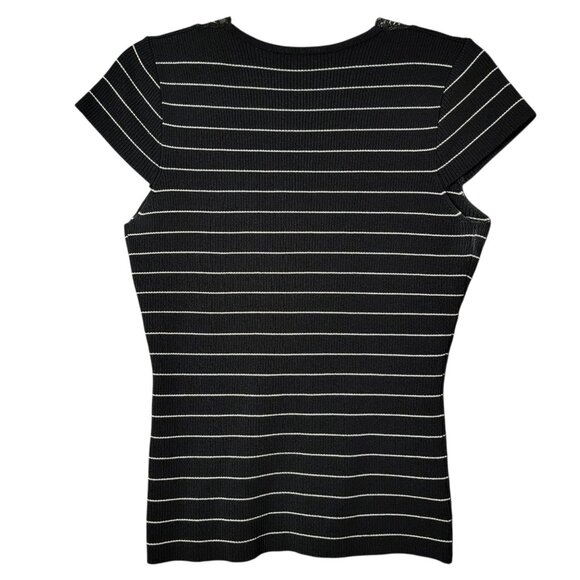 Bebe Y2K 2000s Black Striped Ribbed Lace Trim Silk Blend V-Neck Baby Top Medium - Picture 4 of 9